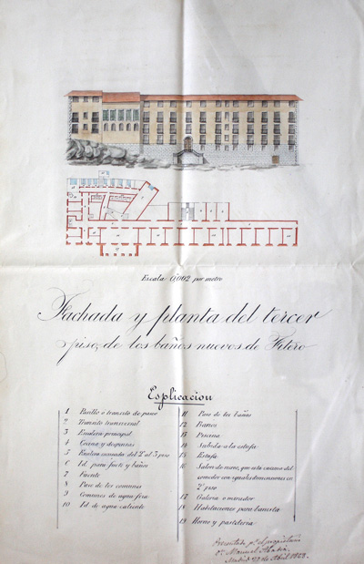"Fachada y planta del tercer piso, de los baños nuevos de Fitero", presentado por el propietario Dn. Manuel Abadia, Madrid, 27 de Abril 1868. En seis tintas. Escala 1:200. 26 x 39 cm