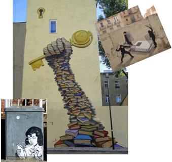 Mano creada con libros tiene llave que abre la torre, antidisturbios acorralan un libro, mujer leyendo sobre cabina eléctrica
