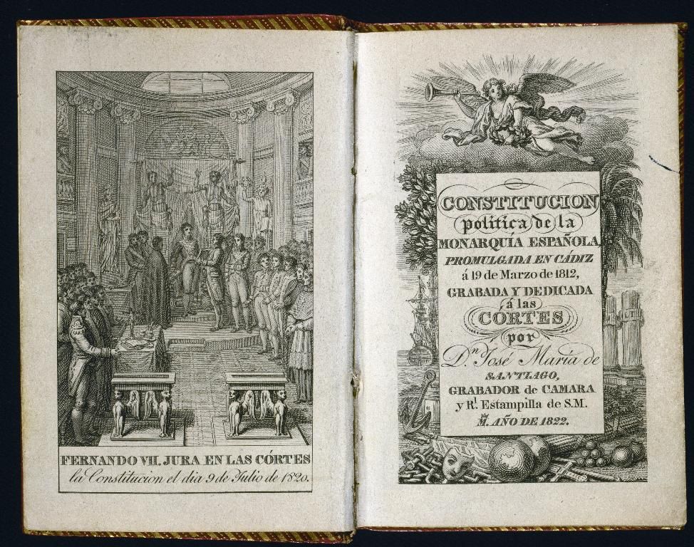 Ejemplar de la Constitución de 1812 con el grabado del juramento de Fernando VII. Biblioteca del Congreso de los Diputados