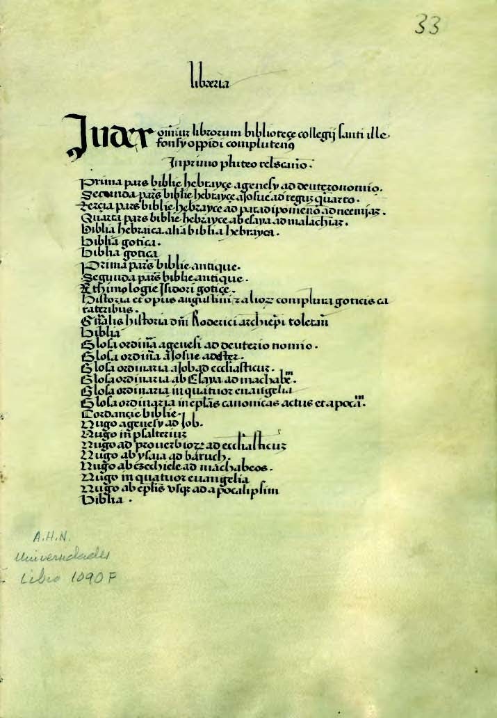 Index omnium librorum biblioteçe Collegii Santi Illefonsy, oppidi Complutensis. (Inv. B).