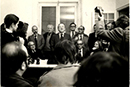 Primera rueda de Prensa de Santiago Carrillo en Madrid. Diciembre,  1976.