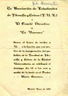 Invitación de la Asociación de Estudiantes de Filosofía y Letras (FUE) y el Comité Directivo de la "La Barraca" a una función con motivo de la inauguración de la Facultad de Filosofía y Letras 1933.
