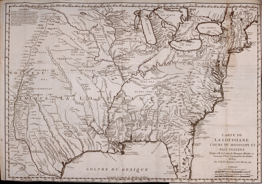 CHARLEVOIX, Pierre-François-Xavier de (SJ), Histoire et description générale de la Nouvelle France. Tome Troisième. Paris, 1744. - FLL 33781 –A p. 1 :  Mapa desplegable de la Luisiana.