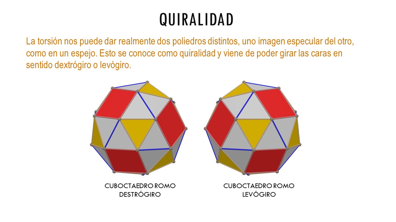 Quiralidad. La torsión nos puede dar realmente dos poliedros distintos, uno imagen especular del otro, como en un espejo. Esto se conoce como quiralidad y viene de poder girar las caras en sentido dextrógiro o levógiro.