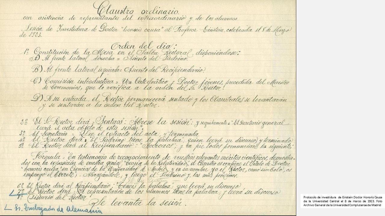 Protocolo de investidura  de Einstein Doctor Honoris Causa de la Universidad Central el 8 de marzo de 1923. Foto Archivo General de la Universidad Complutense de Madrid