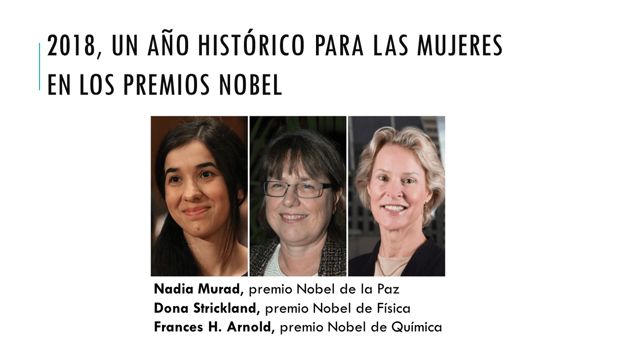 2018, un año histórico para las mujeres en los premios Nobel. Nadia Murad, premio Nobel de la Paz Dona Strickland, premio Nobel de Física Frances H. Arnold, premio Nobel de Química