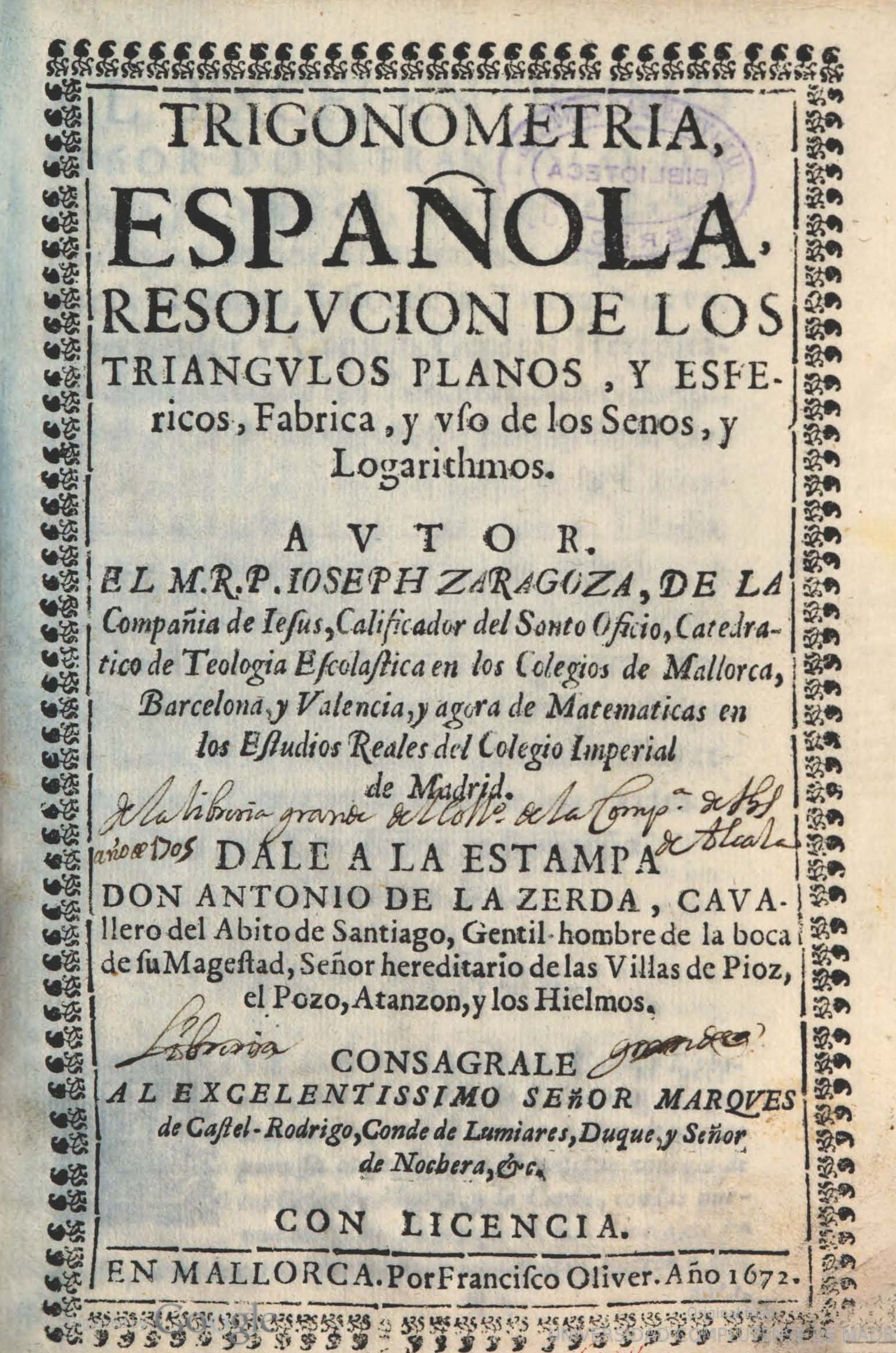 16- José Zaragoza. Trigonometría española, 1672