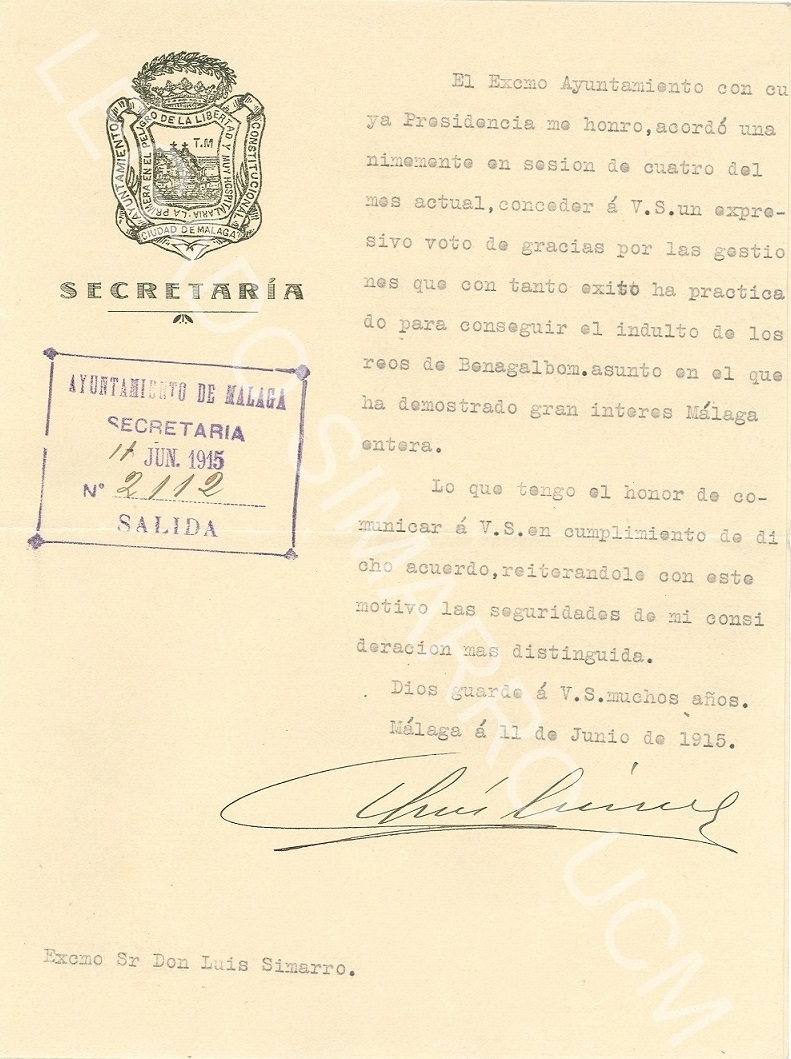 Carta del Ayuntamiento de Málaga