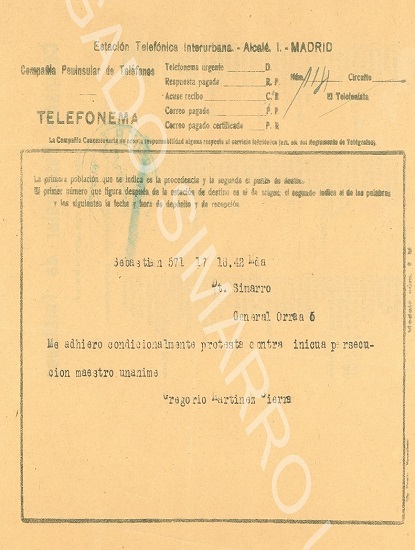 Telegrama de Gregorio Martínez Sierra