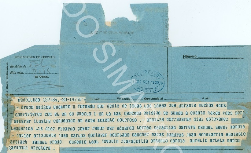 Telegrama de Rafael Sánchez Mazas, Antonio Bandrés y otros