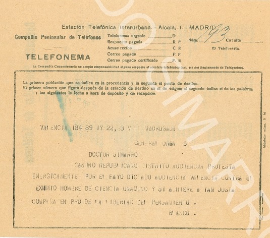 Telegrama de Vicente Blasco Ibáñez